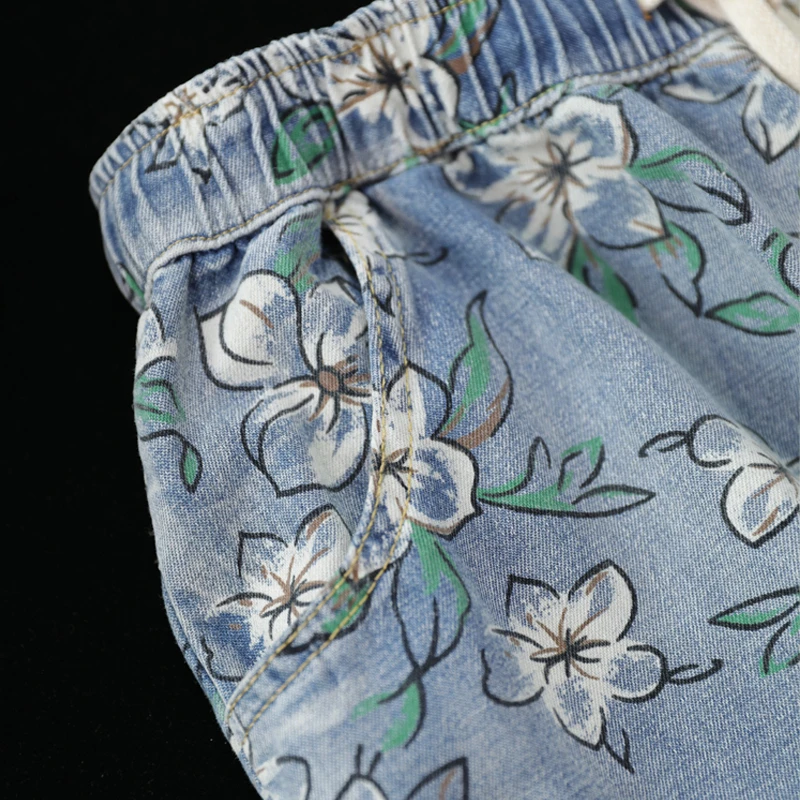 2020 летние тонкие винтажные джинсы с цветочным принтом женские пляжные Капри