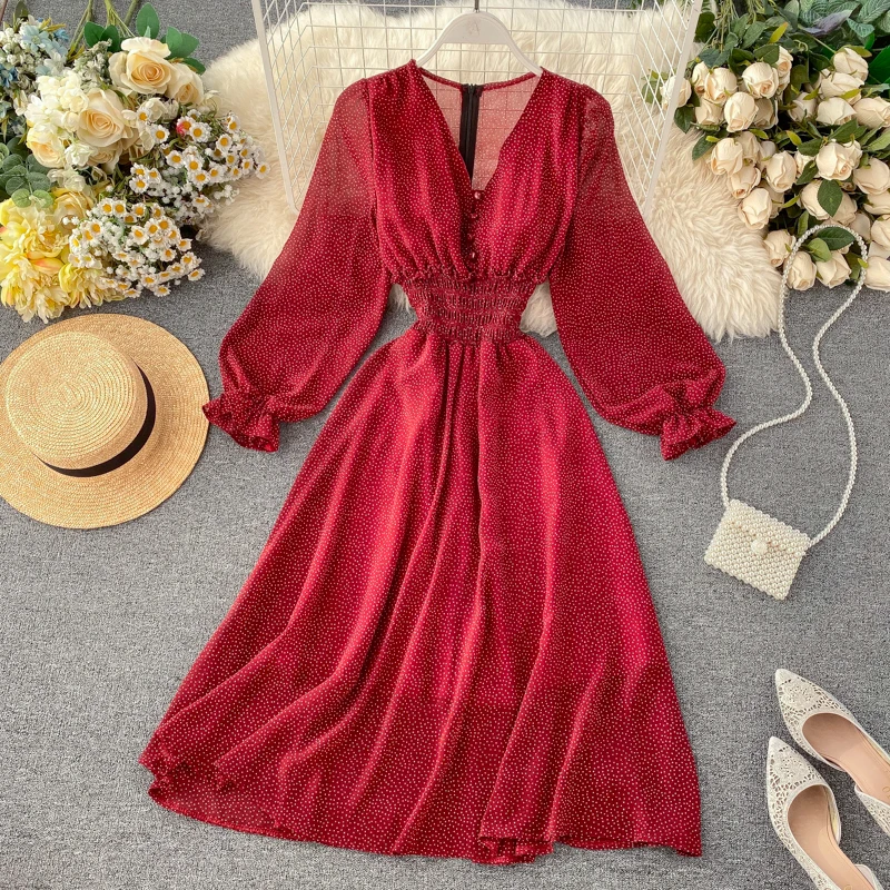 Летнее женское платье в горошек сексуальное с v-образным вырезом и пышными