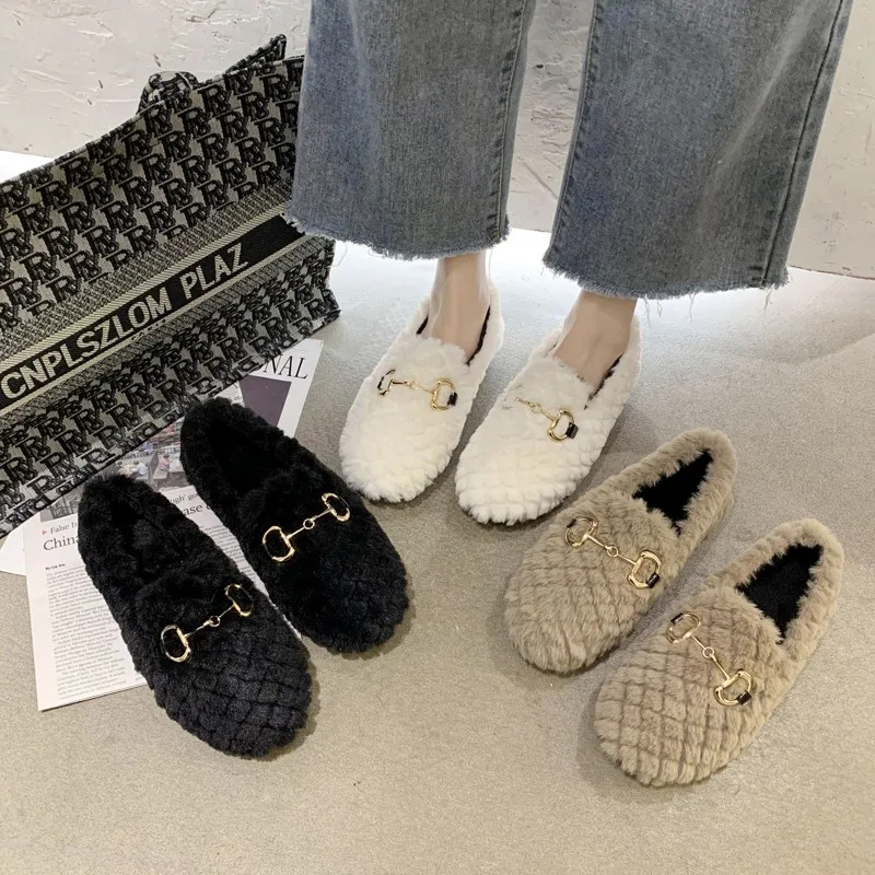 

2020 Winter Women Loafers wool shoes Hot Woman Flats Slip on Shoes Fur Plush Warm Ladies Shoes Black Brown Boat Shoe