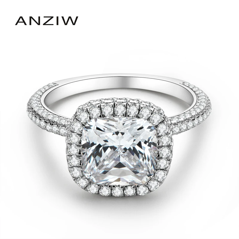 

ANZIW Luxury 3 Carat Cushion Cut Halo Ring Finger SONA 925 Sterling Silver Engagement Wedding Band Ring for Women Rings Gifts