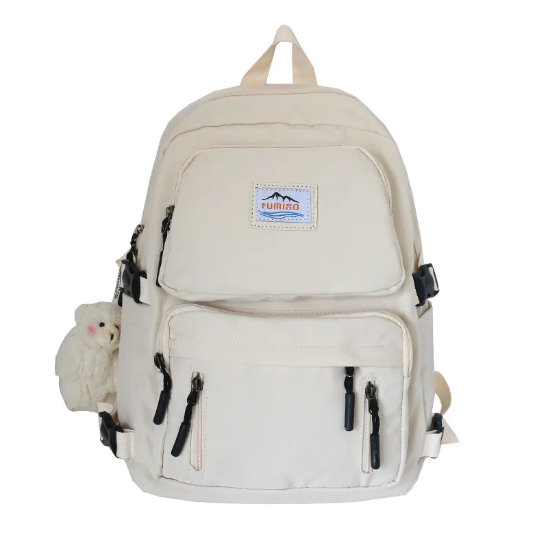 

College style small fresh double pocket zipper labeling pure color student schoolbag female literary fan wild fashion backpack