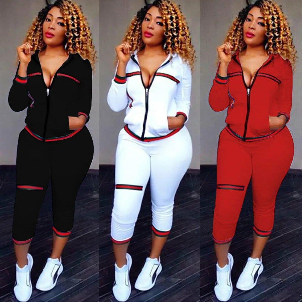 

Autumn 2 Pcs Womens Sports Cloth Set Casual Long Sleeve Patchwork Hoodies +Long Pants Sportswear Outfits Skin-Friendly S-XL