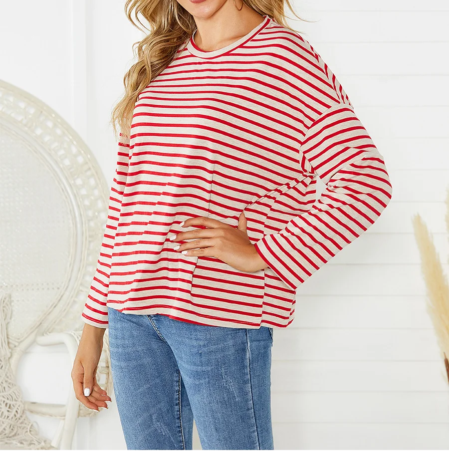 

Cotton Women Long Sleeve T-Shirt Fashion Women Loose Plain Dyed Striped Casual T Shirts 2019 Autumn Ladies Long Sleeve Top Shirt
