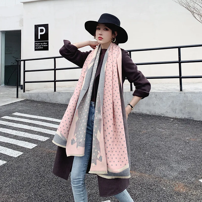 Женский кашемировый шарф в горошек зимняя теплая шаль и бандана Пашмина длинный