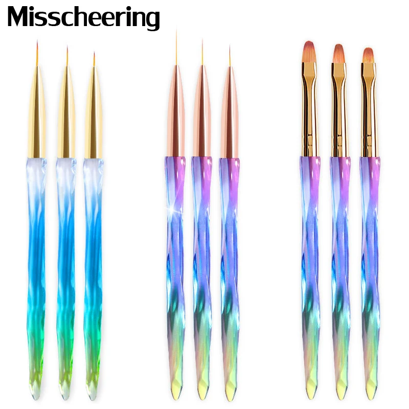 3Pcs Gradient Crystal Nail Brush Set For Drawing Line Grid Acrylic Nail Art Liner Painting Pen DIY UV Gel Brushes Manicure Tools