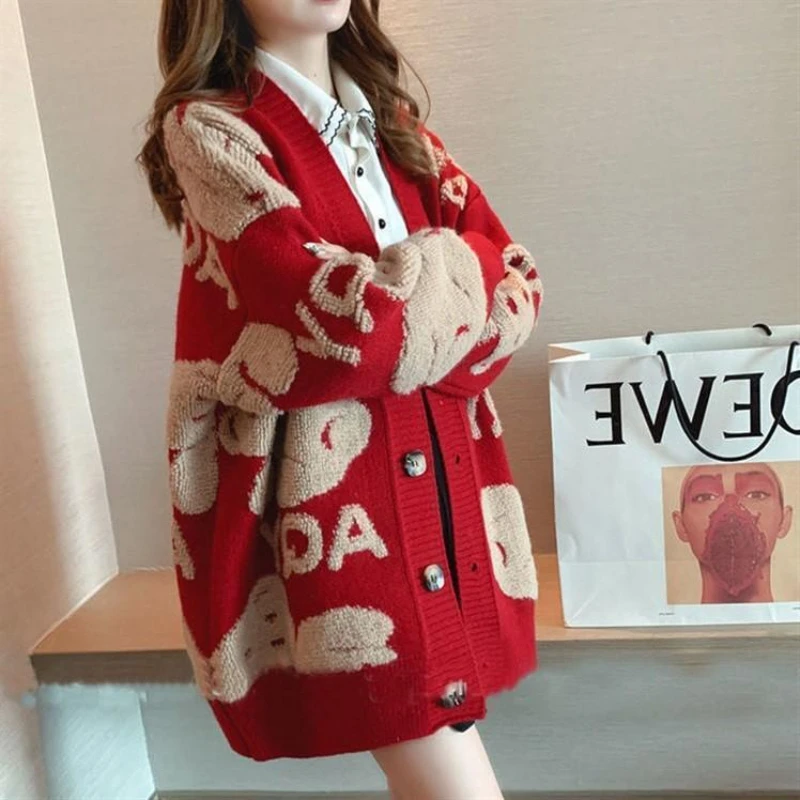 

Spring Autumn Winter Knitted Women Cardigan Loose Street Knitted Sweater Ladies Coat Lovely Cartoon Embroidery V-neck Female Top