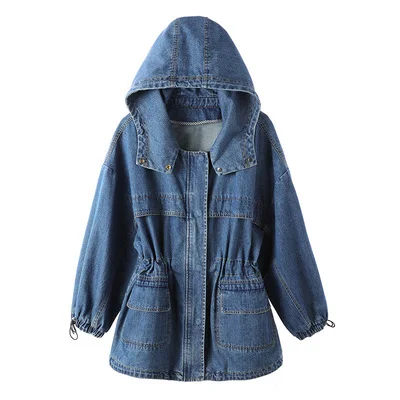 

Women's Denim Trench Coat Autumn Mid-Length Elastic Waist Jacket Korean Style Hooded Women Coats Casaco Feminino