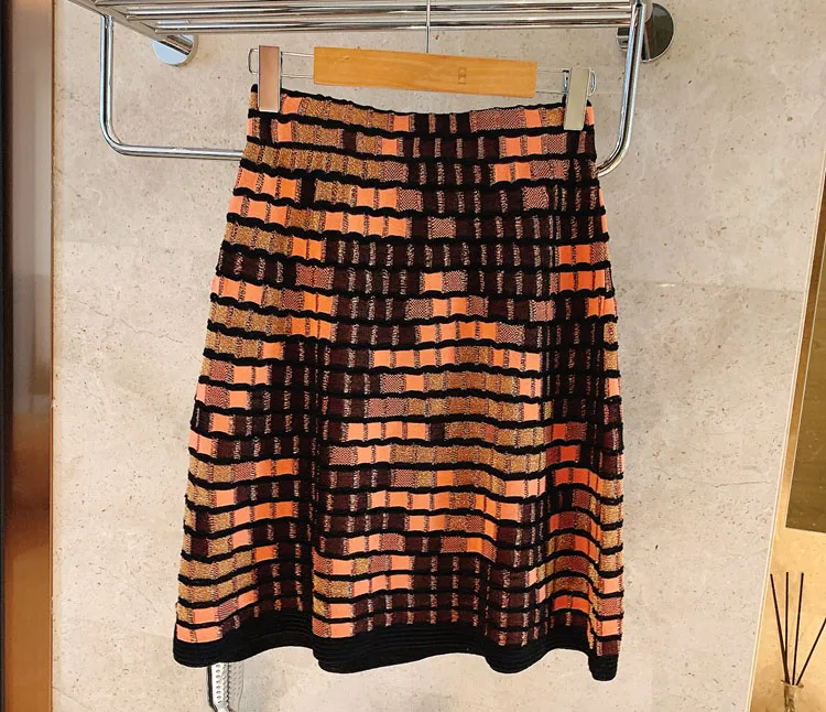 skirt Micosoni/Новинка года; осеннее вязаное платье в итальянском стиле в западном стиле с круглым вырезом и короткими рукавами в клетку; платье-свитер - Цвет: skirt