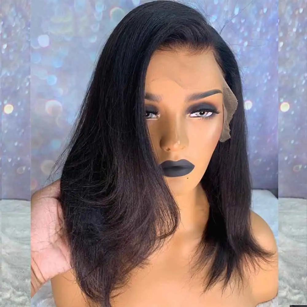 

Yaki Middle Part Black Kinky Straight Preplucked Short Bob Lace Front Wig For Women Lace Closure Synthetic Baby Hair Glueless