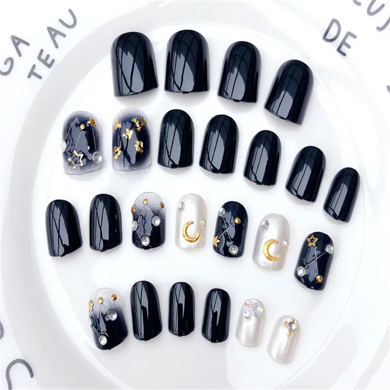 

24pcs high quality metal moon five-pointed star white rhinestone fake nail patch DIY nail jewelry decoration tools