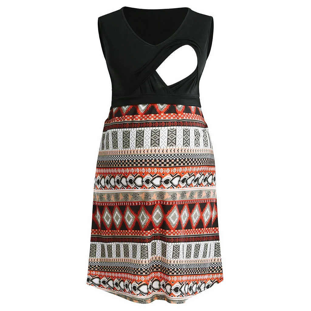 

New Summer Dresses elegant Women's Maternity Pregnanty dress clothes Nursing Pregnanty V-Neck Sleeveless Splicing Print Dress
