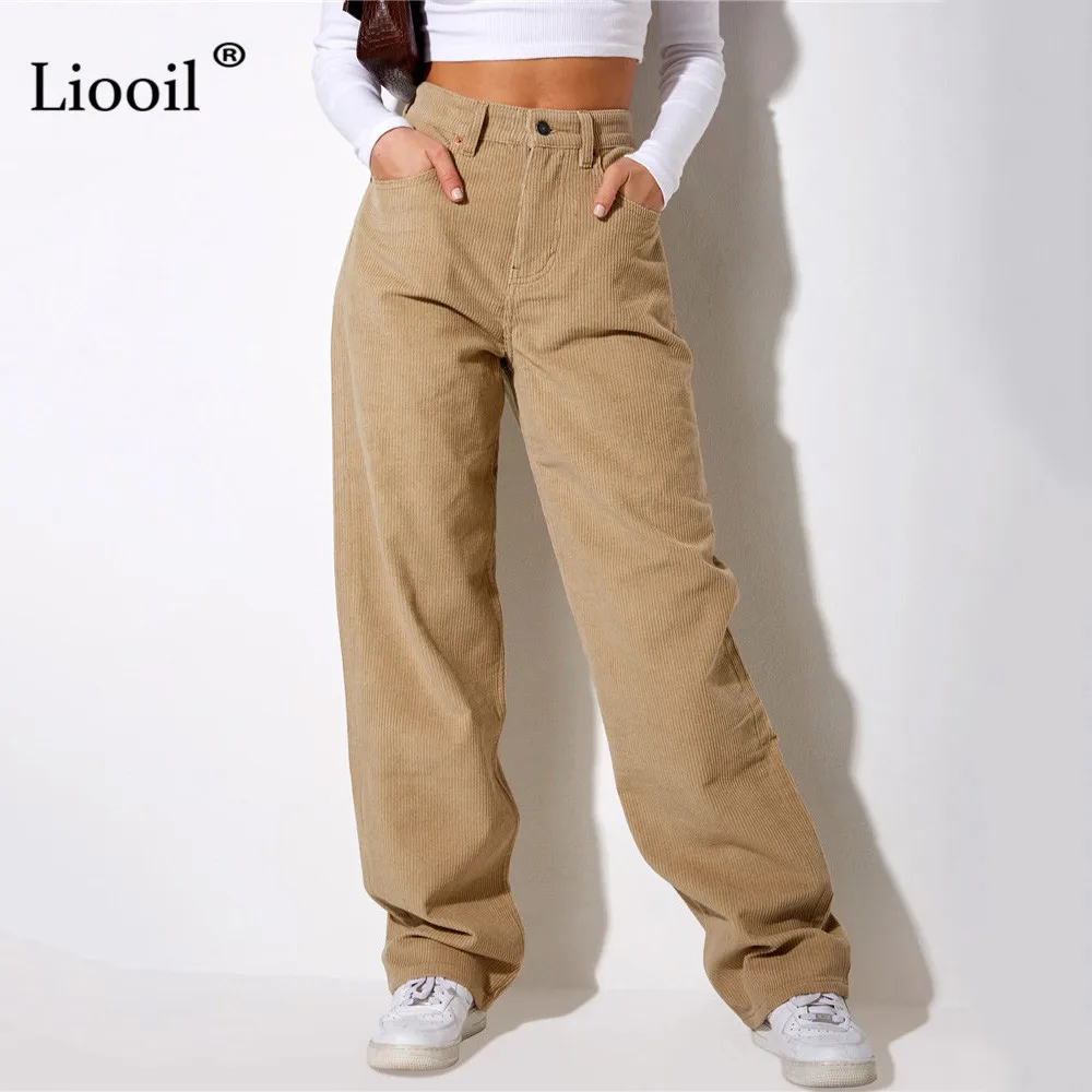 

Khaki Corduroy Baggy Pants Women Retro Slacks High Waist Trousers With Pocket Autumn 2021 y2k Streetwear Long Straight Leg Pants