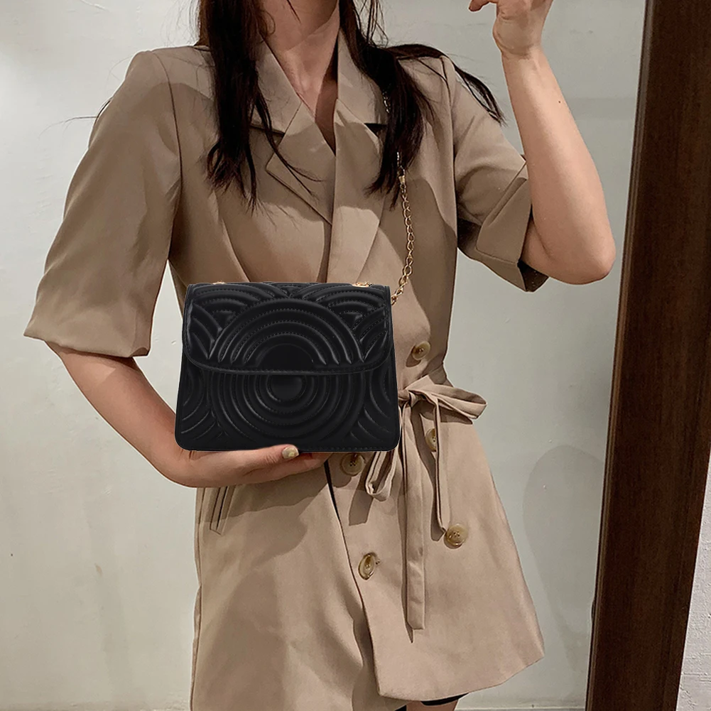 

All-match Crossbody Shoulder Messenger Bag for Women PU Leather Round Embroidery Pattern Chain Small Flap Handbag