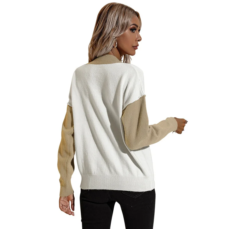 

Autumn Winter Women's Contrast Color Knitted Pullover 2021 New Fashion Round Neck Loose Black Army Green Plus Size Sweater N1208