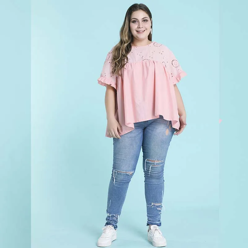 WHZHM розовая фотосессия 3XL 4XL женские футболки с оборками элегантные вырезами и