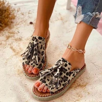 women sandals 2021 summer tassel leopard print ladies mules shoes vintage female flat slippers chaussure femme