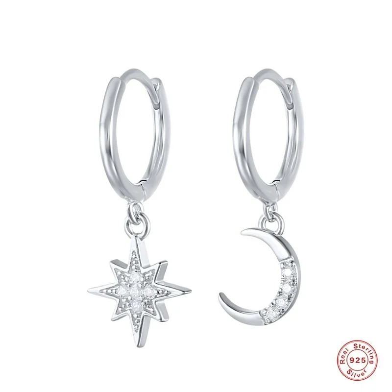 

Prevent Allergy 925 Sterling Silver Asymmetrical Star Moon Earrings Crystal Charms Stud Earrings for Women Girls Jewelry