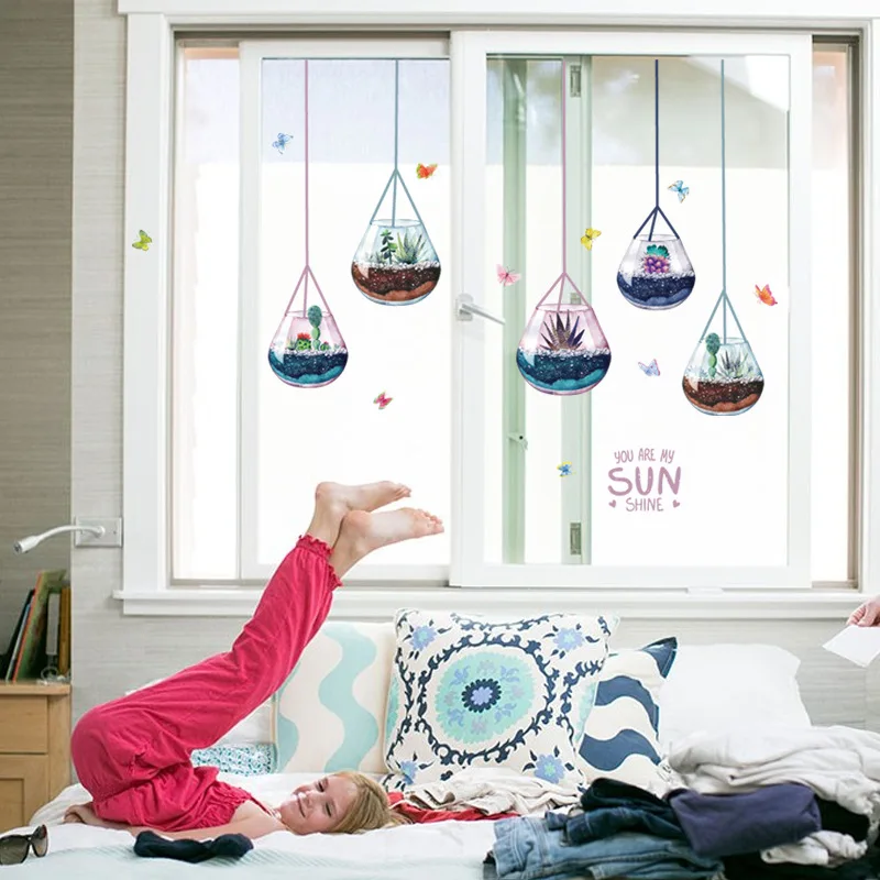 Цветочный горшок с каплями настенный стикер кактус тропические растения