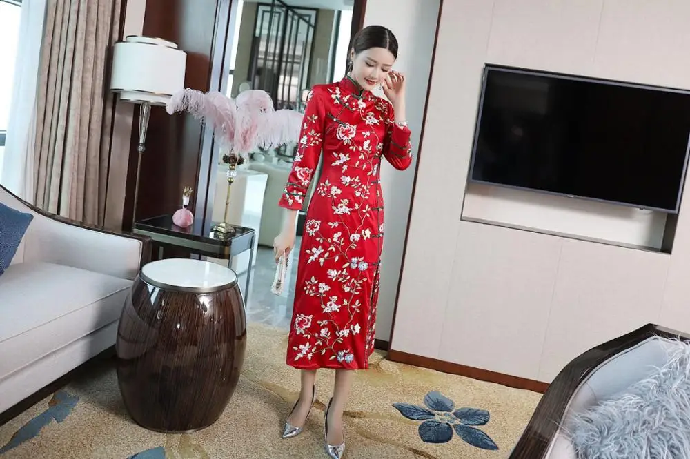 Свадебные вечерние традиционная китайская одежда с цветочной вышивкой qipao для женщин