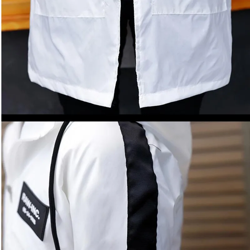 

#7001 Spring Thin Sunscreen Trench Coat For Men Hooded Harajuku Hip Hop Homme Plus Size Trenchcoat White Black Overcoat Mens 5XL