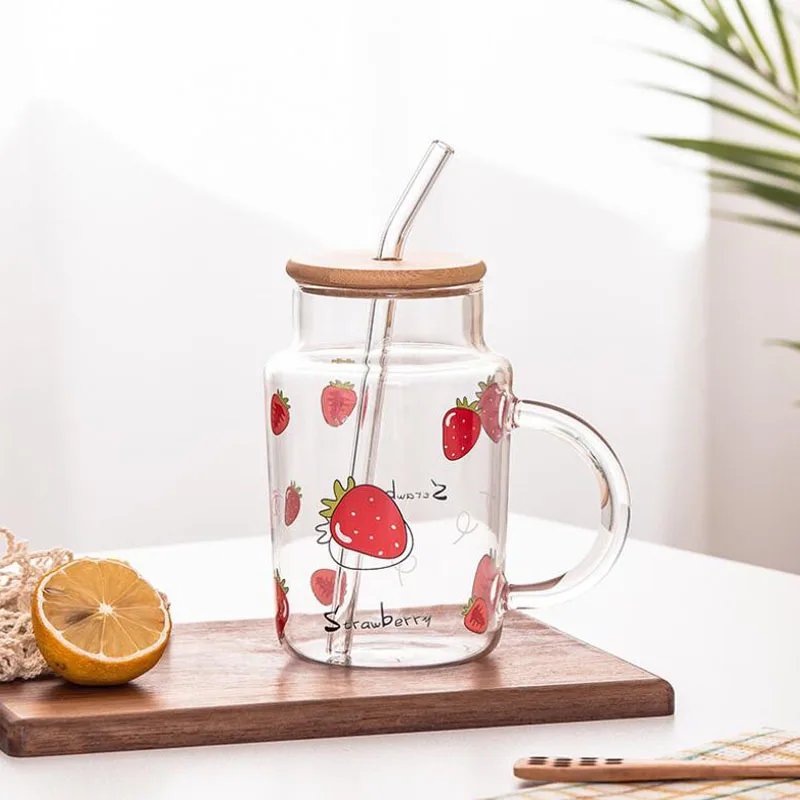 

480ML Milk Cup with Cover Straw Drinking Water Bottle Heat-Resistant Handle Glass Water Cup