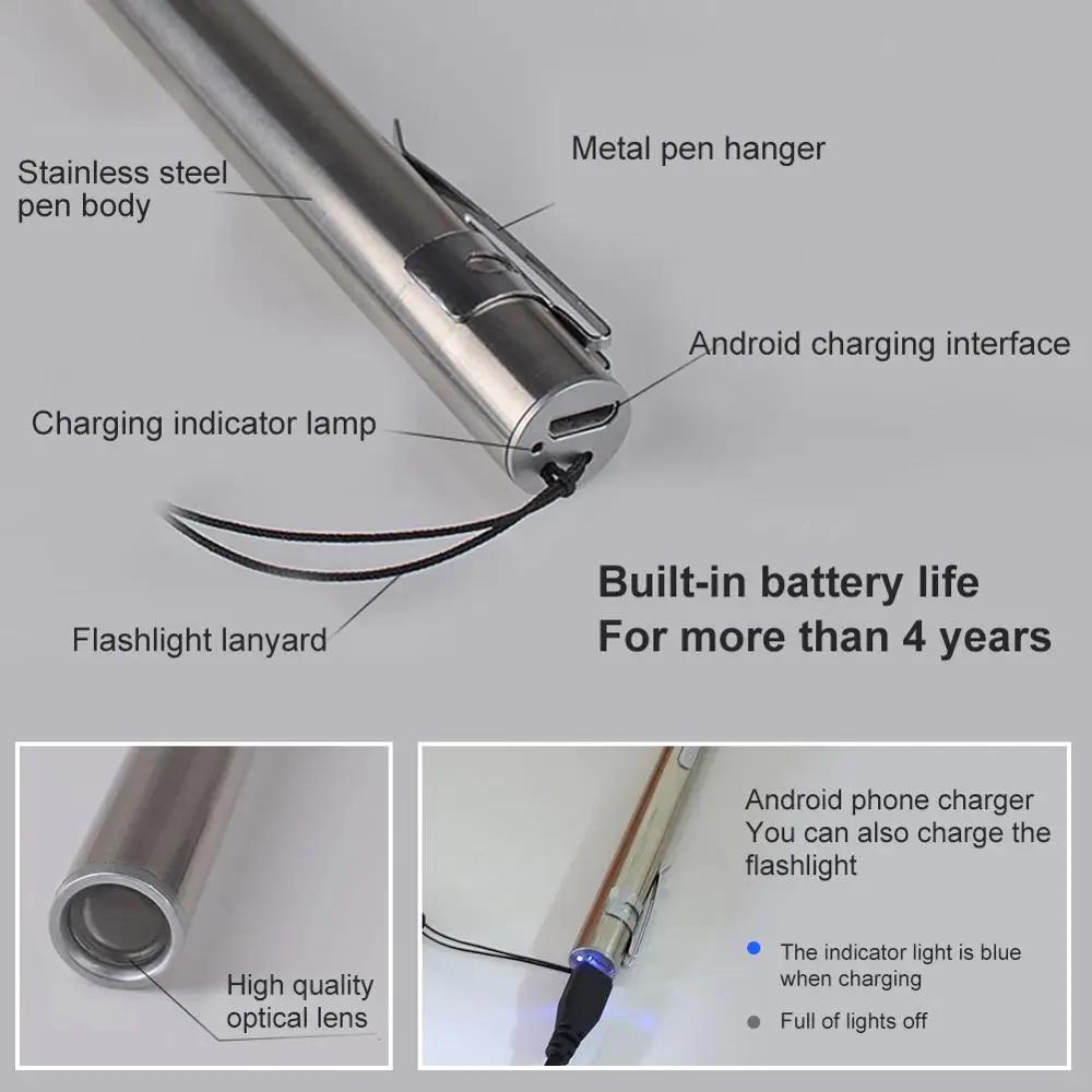 Портативный Non slip USB мини перезаряжаемый фонарик Нержавеющая сталь сильный