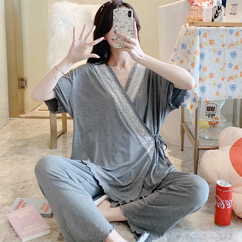 

Across V Robe for Nursing Drawstring Loose Waist Belly Pants Suits Clothes for Pregnant Women Modal Pregnancy Feeding Pajamas
