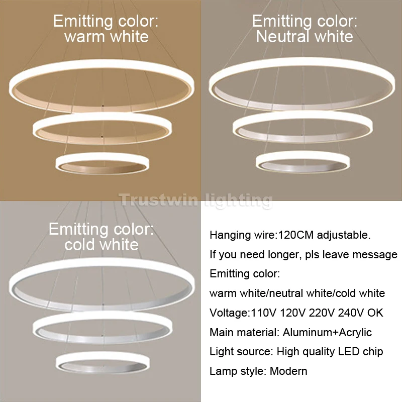 

Black white circular round ring modern LED pendant lamp acrylic PMMA chandelier light annular 1 2 3 ring LED hanging wire lamp