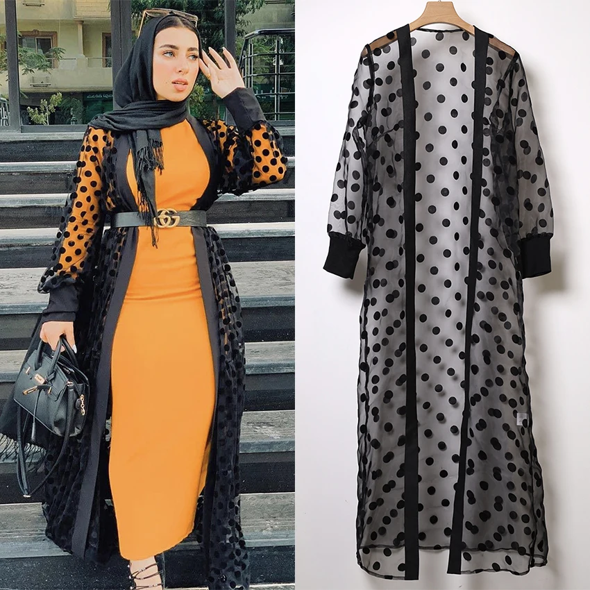 Женский мусульманский Модный кардиган с волнистыми точками длинный халат шаль