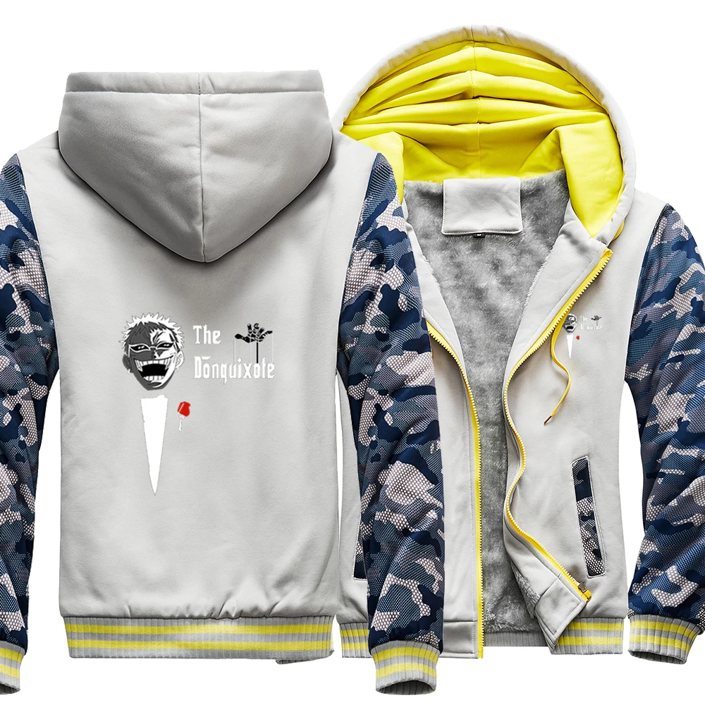 

One Piece Japan Anime Donquixote Doflamingo Camo Raglan Thick Hoodies Winter Warm Printed Sweatshirts Coat Men Fitted Jackets