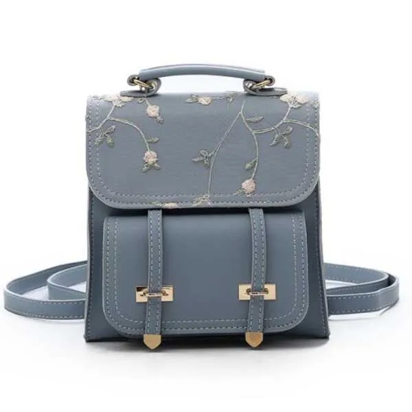 School Backpack Teenage Girls High Quality Leather Women Shoulder Bag Backpack Floral Embroidery Design Rucksack - Color: deep blue