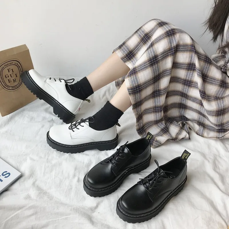 

Women Shoes Leather Lace Up Oxford Shoes Thick Bottom High Heels Loafers Round Head Platform Casual Shoes Lolita Mary Jane Shoes