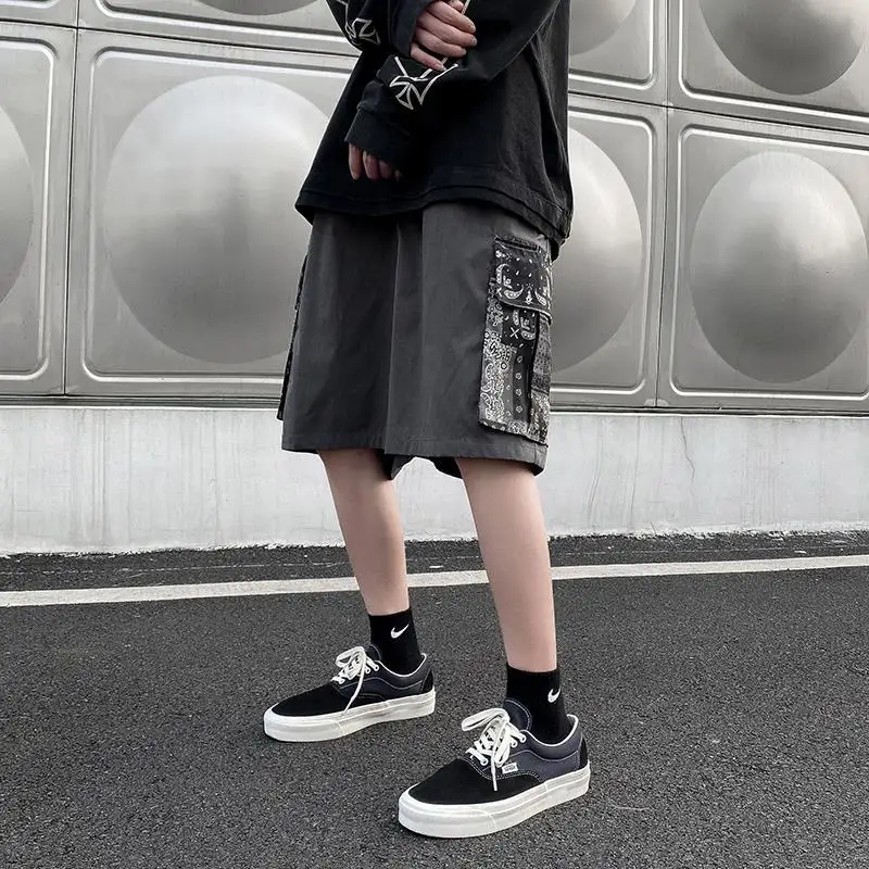 

Black Patchwork Gargo Shorts Men Punk High Street Pants Funny Slim Fit Shorts Trousers Fashion Mens Cargo Hip Hop Korean Shorts