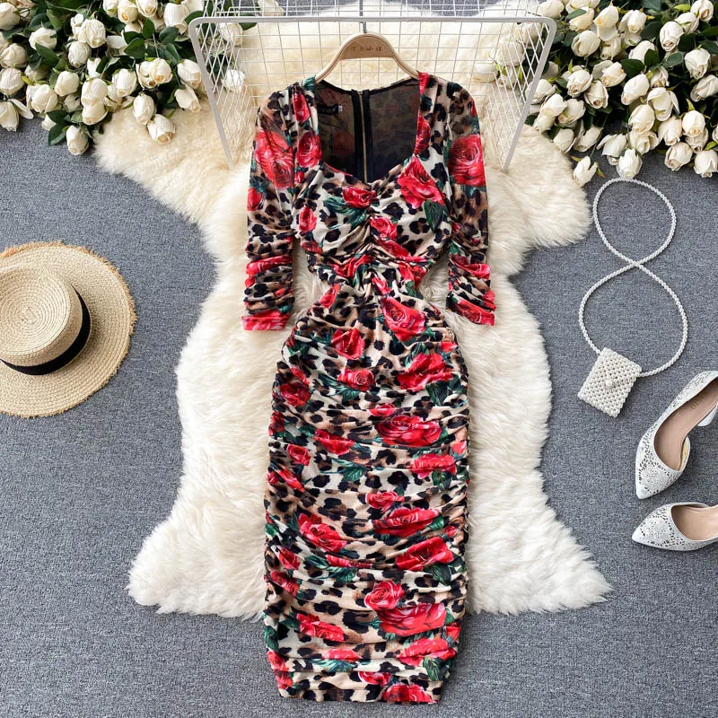 

Сексуальное женское платье, весна и осень, Ретро стиль, Леопардовый принт, высокая талия, складки, облегающие бедра платья, элегантные модны...