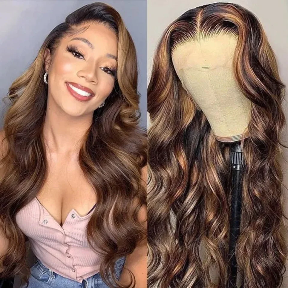 

Indian Raw Human Hair Wigs Body Wave Ombre Highlight Bronde Hair 13x4 Lace Frontal Wig PrePlucked 4x4 Lace Closure Wig for Women