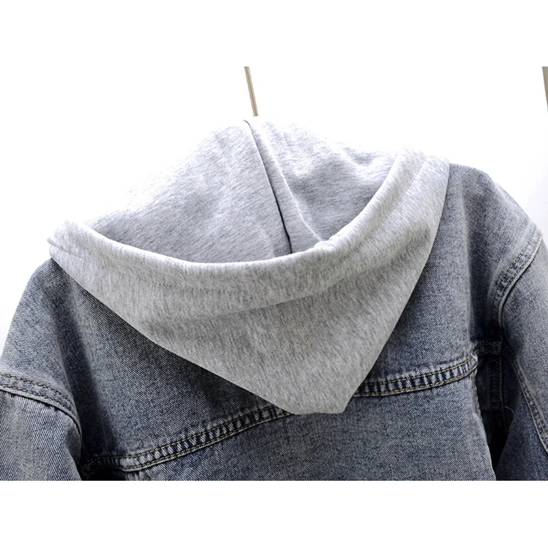 

Korean Removable Hooded Denim Jacket Women Vintage Student Outerwear Chaquetas Mujer Loose Big Pocket Short Jeans Jacket Female