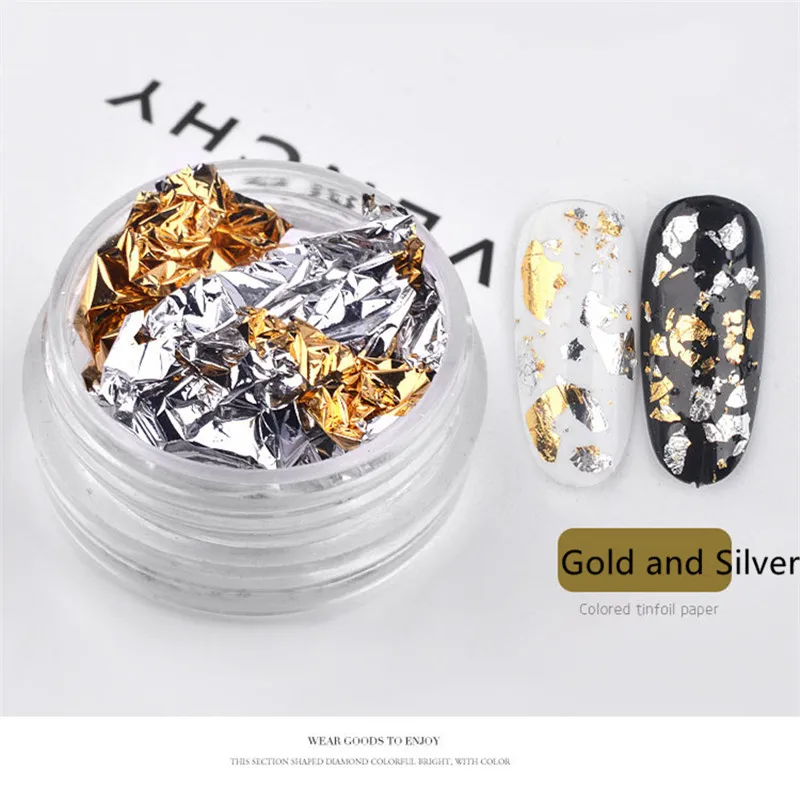 Gold and Silver 1 коробка алюминиевая фольга для ногтей двухсторонняя красочная неправильная наклейка из фольги бумага 3D блестки хлопья лазер DIY Маникюр украшения - Цвет: Gold and Silver