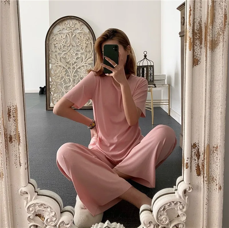 2021 Spring Summer Short Sleeve Trousers Pajamas Women's Home Suit Loose Ice Silk Female Sleepwear Nightgown Nightwear