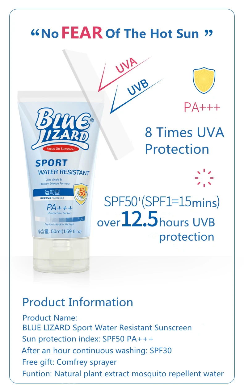 Спортивный водостойкий солнцезащитный крем 50 мл в виде синей ящерицы SPF50 защита