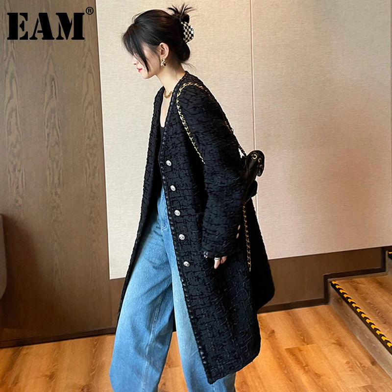 

[EAM] свободное черное твидовое элегантное шерстяное пальто большого размера, парки, новая женская мода с длинным рукавом, Осень-зима 2022 1DE4461