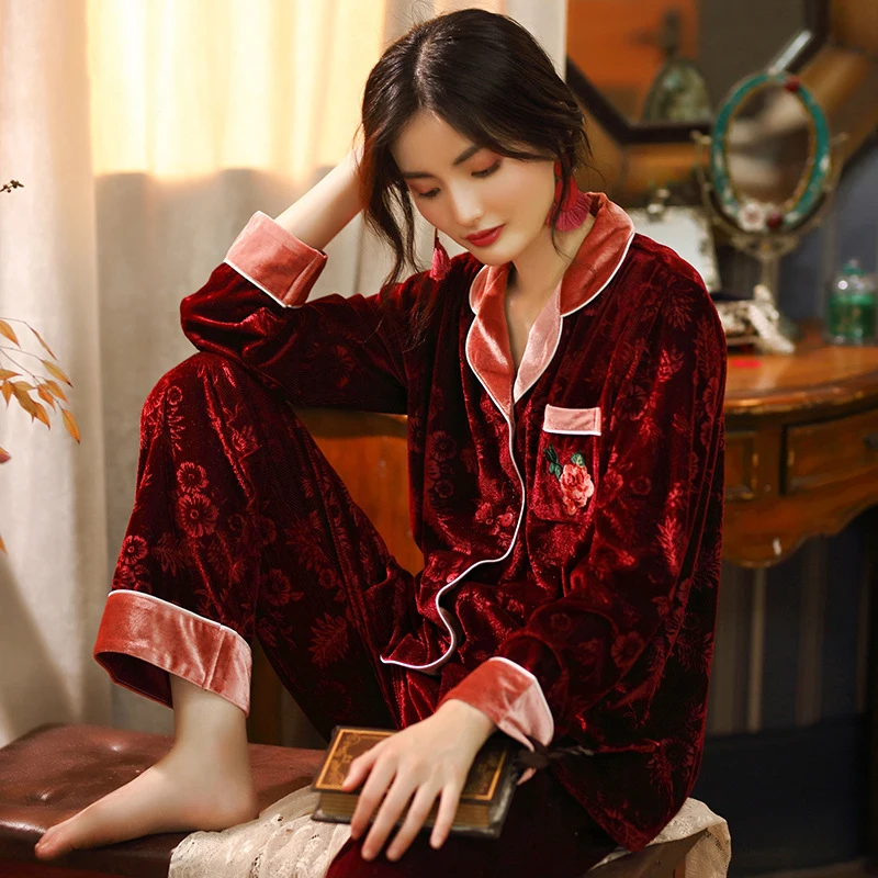 2019 новые осенние и зимние женские бархатные пижамы в стиле ретро с золотым