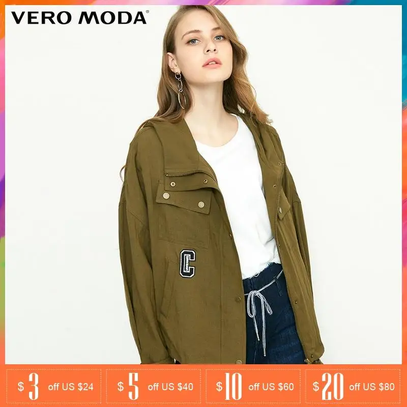 Vero Moda 2019 Весна новая кнопка украшения Военный стиль ветровка с капюшоном | 318117502