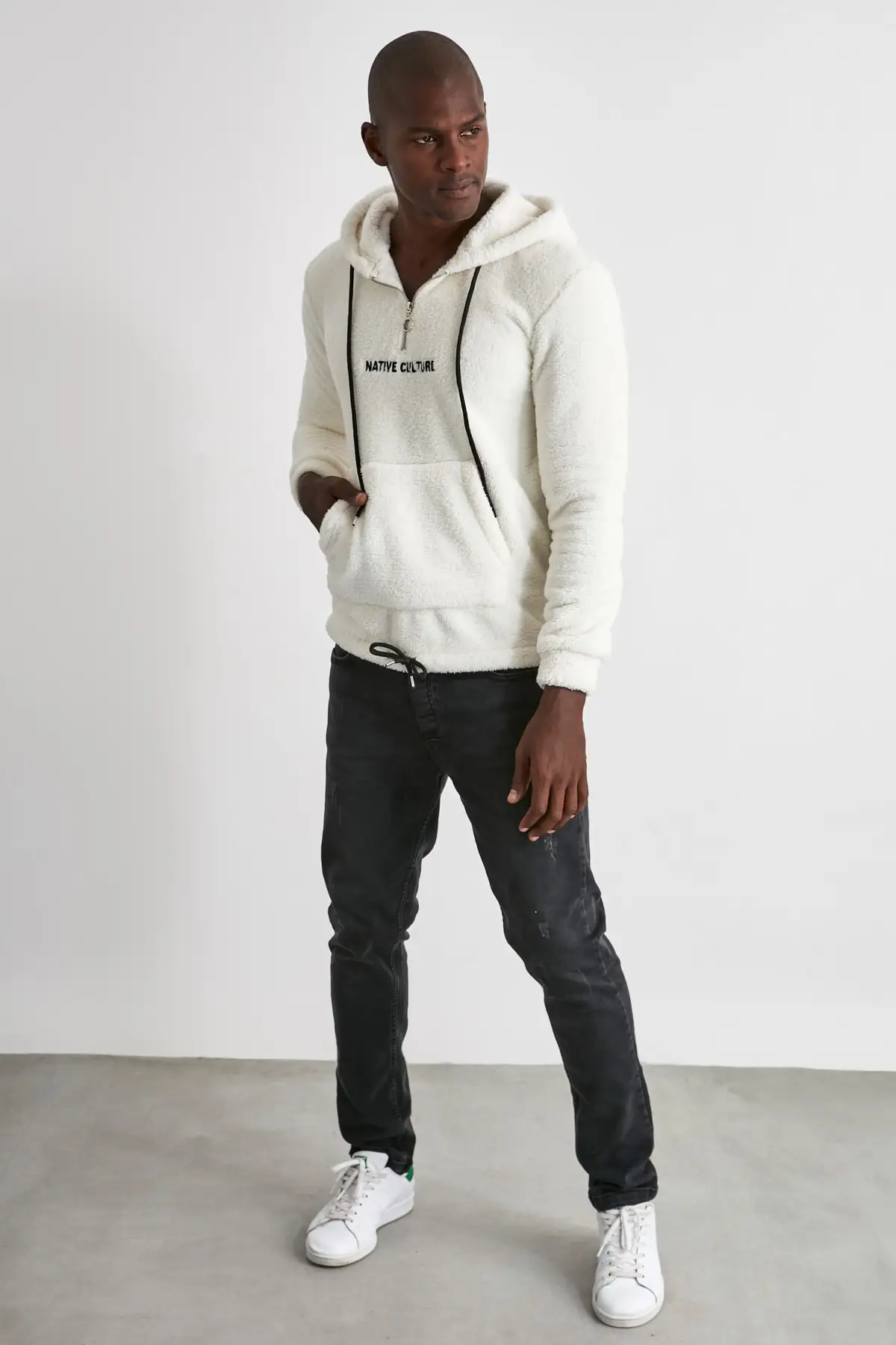 Мужская плюшевая толстовка с капюшоном и карманами кенгуру на молнии длинными