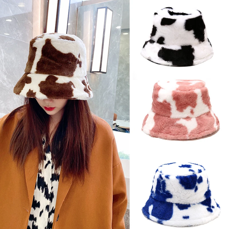 

Plush Bucket Hat For Women Korean Print Fisherman Hats Winter Soft Comfortable Men's Hat Milk Cow Printed Basin Cap Unisex
