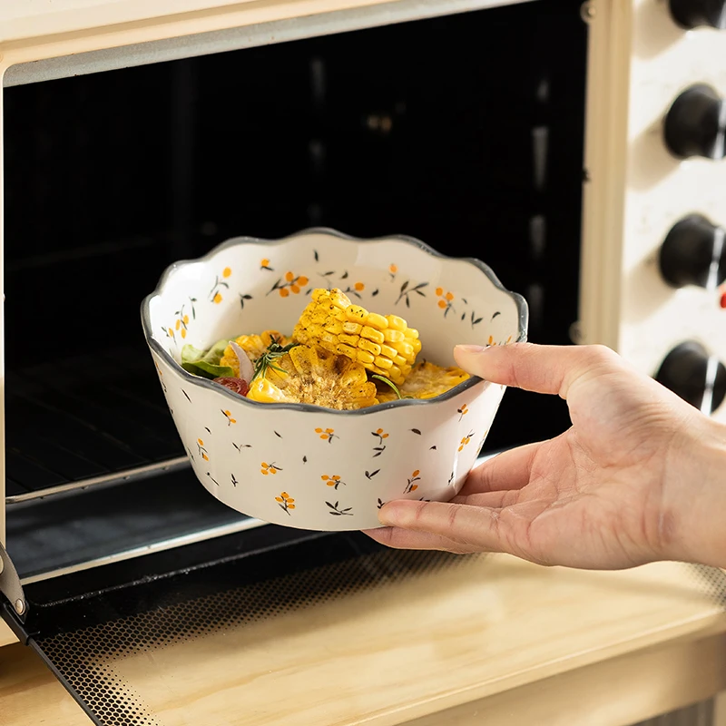 

800ml Ceramic Flower Salad Fruit Bowl Wavy Edge Noodle Soup Cereal Bowls Kitchen Underglaze Craft Heat Resistant Tableware