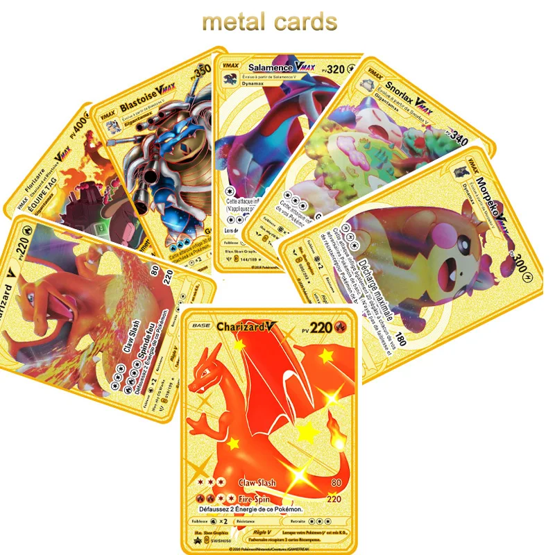 

Pre-Sale Pokemon French Metal Gold Vmax Cards Game Battle Toys Blastoise Salamence Crobat Anime Figure Collection Toys Gifts
