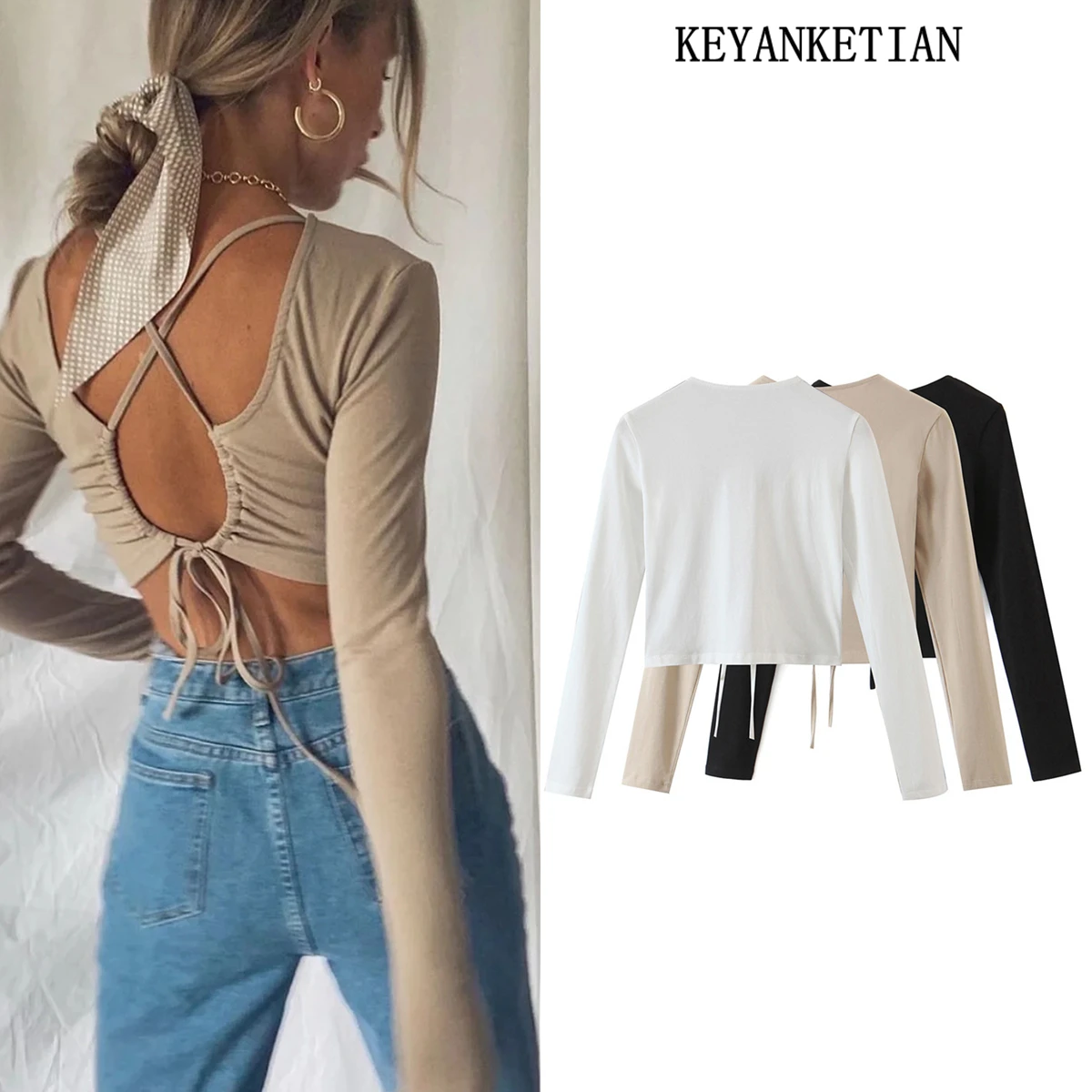 

KEYANKETIAN ZA Women's long-sleeved styling clothes hollow open back lace drawstring T-shirt sexy top