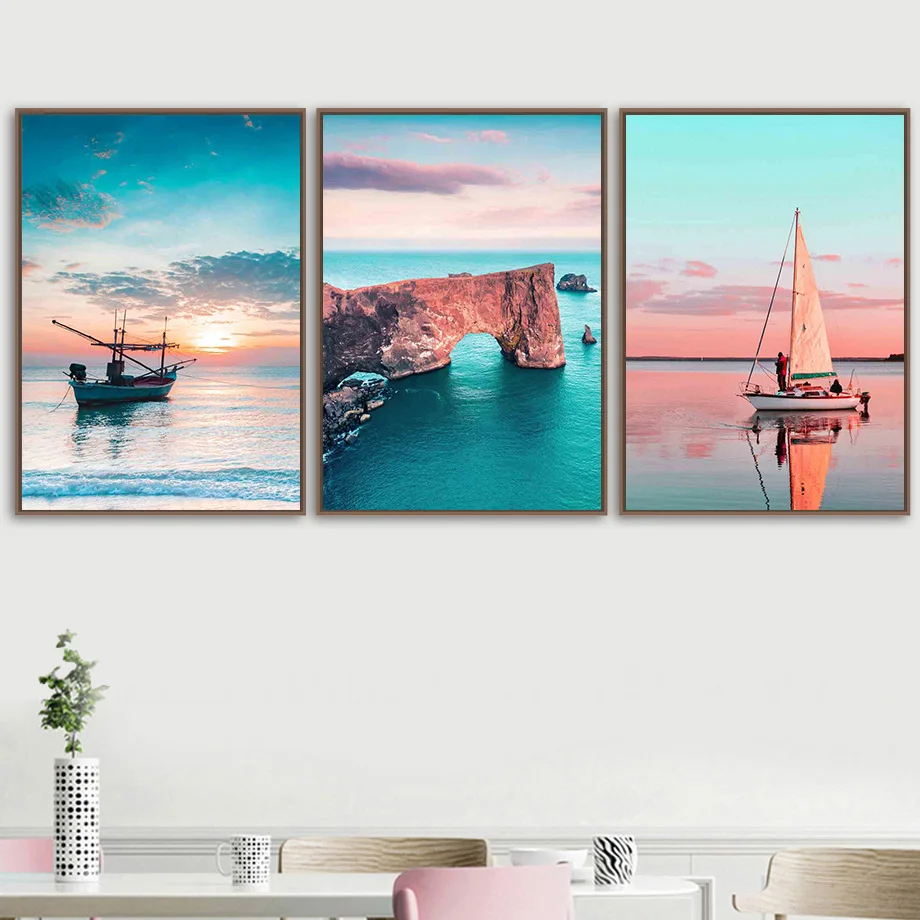 

Iceland Sky Sun Cloud Sea Wave Boat Reef Wall Art Canvas Painting Nordic Posters And Prints Wall Pictures For Living Room Decor
