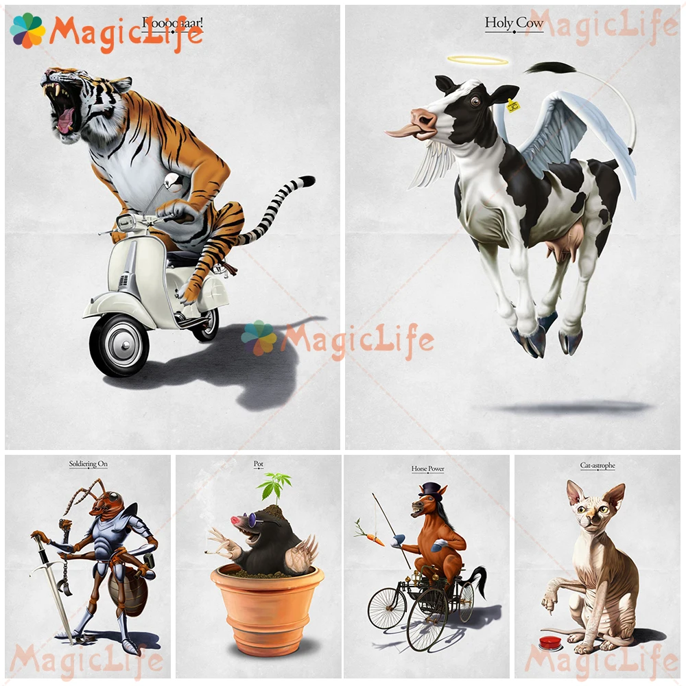 

Cow, Flamingo, Tiger, Cat And Dog Cute Funny Posters And Prints Wall Art Canvas Painting For Living Bar Room Decoration Unframed