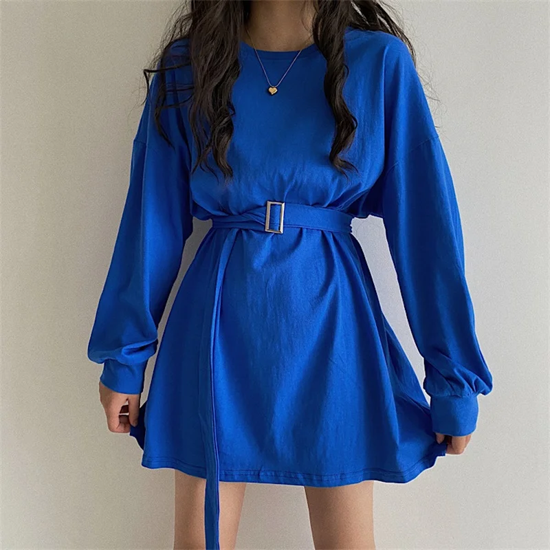 

2021 New Daily Women Casual Bandage Dress Autumn Solid O-Neck Lantern Sleeve Sashes Mini Sexy Wild Loose Female Fashion